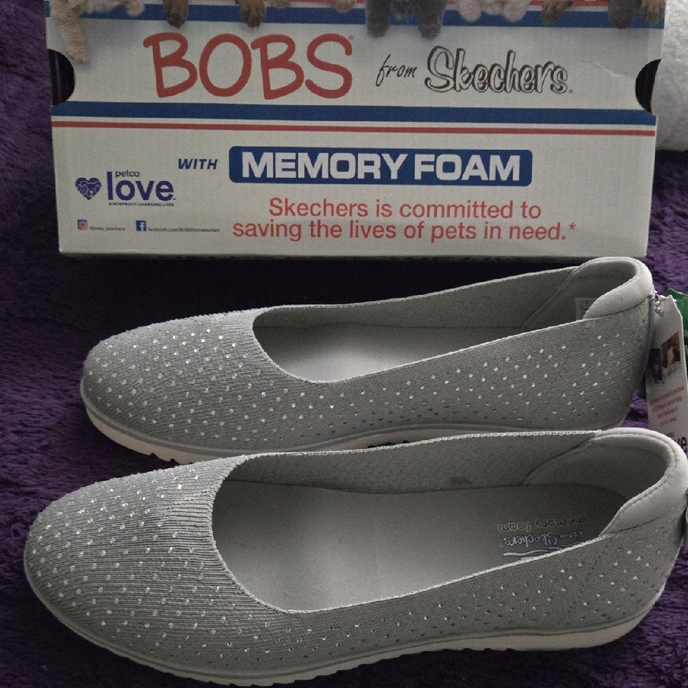 Skechers BOBS Women's Light Gray Sparkle Slip-On Flats